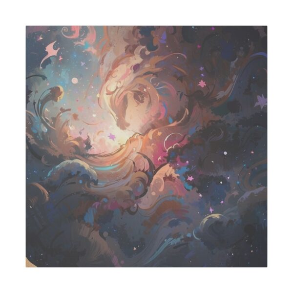 Abstract celestial pattern with swirling clouds, stars, and cosmic elements in a dark, mystical space.