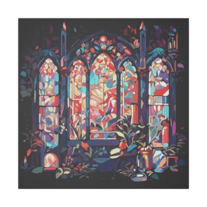 Stained glass windows in a gothic style with vibrant, colorful patterns and intricate details.