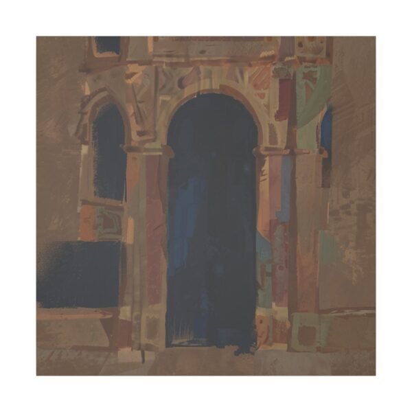 Abstract depiction of an arched doorway with architectural elements in dark, earthy tones.