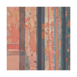 Abstract artwork with vertical lines and architectural elements in muted tones.