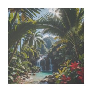 Tropical waterfall surrounded by lush greenery and vibrant flowers on a Giclée Print Canvas.