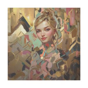 Portrait of a woman with blonde hair, surrounded by abstract geometric patterns in warm tones.