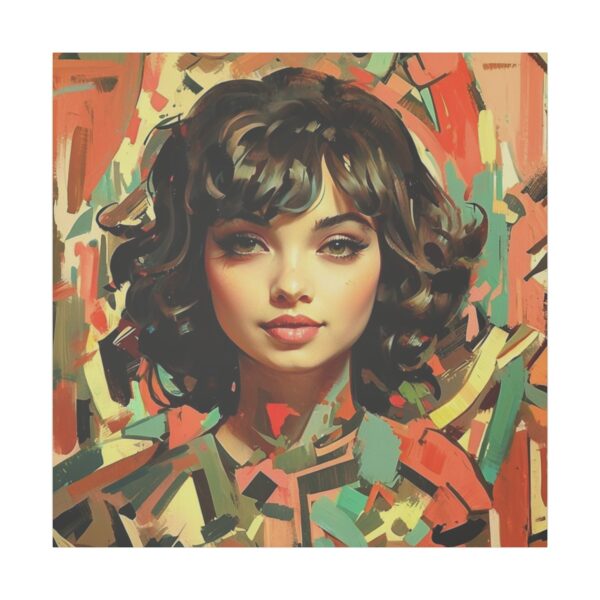 Portrait of a woman with curly hair, surrounded by abstract retro patterns in shades of green, red, and orange