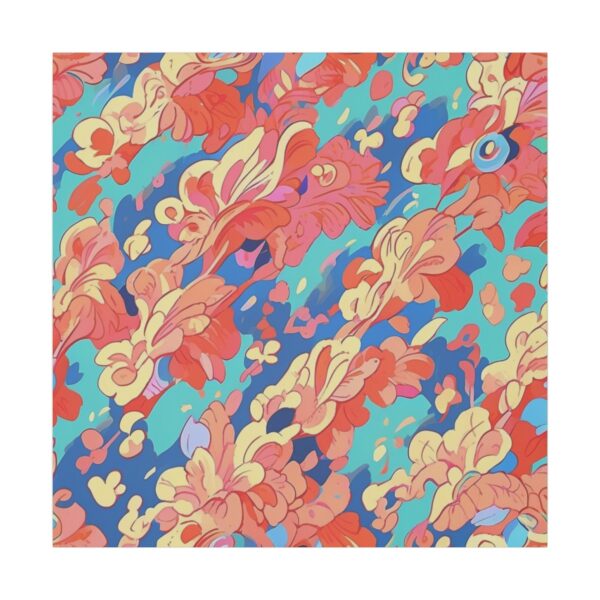 Abstract retro design featuring vibrant, swirling patterns in shades of red, orange, and blue