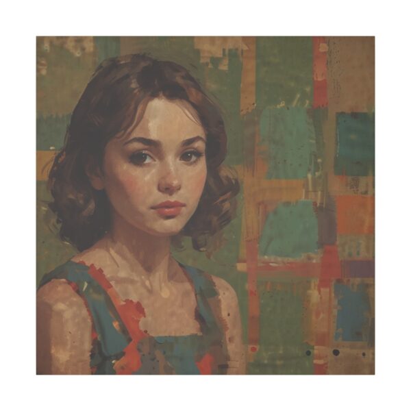 Portrait of a young woman with a retro aesthetic, set against a backdrop of earthy tones and abstract patterns