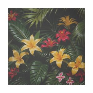 Lush tropical flowers and green leaves on a Giclée Print Canvas.