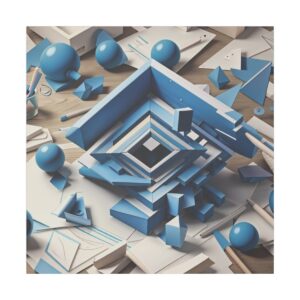 Abstract geometric artwork featuring blue and white 3D shapes arranged in an optical illusion on a neutral background