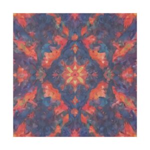 Abstract artwork featuring a kaleidoscopic pattern with a central starburst design in vibrant shades of red, orange, and purple