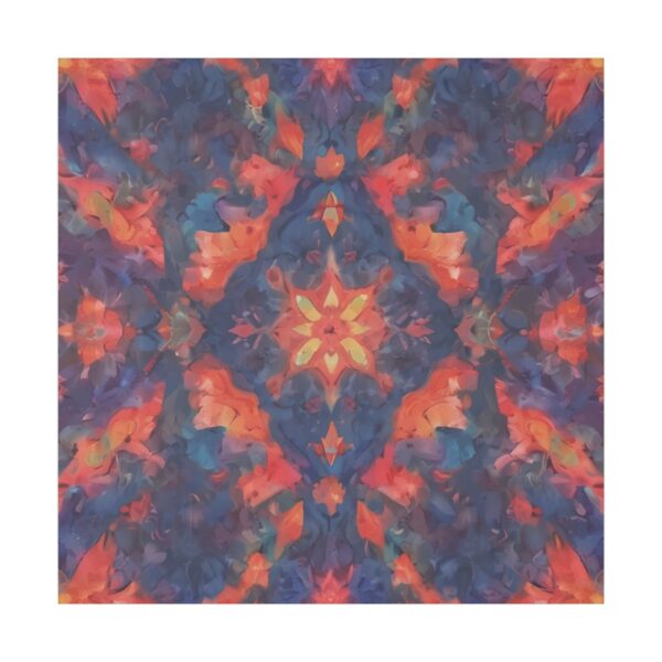 Abstract artwork featuring a kaleidoscopic pattern with a central starburst design in vibrant shades of red, orange, and purple