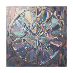 Abstract artwork featuring a kaleidoscopic pattern with intricate circular designs in muted shades of blue, purple, and beige