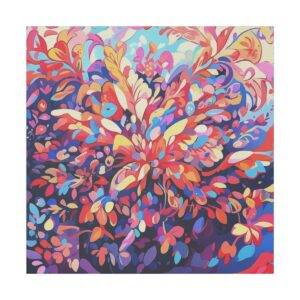 Abstract artwork featuring a vibrant kaleidoscopic pattern with an explosion of colorful, organic shapes in shades of red, blue, orange, and purple