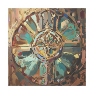 Abstract artwork featuring a kaleidoscopic pattern with intricate circular designs in rich shades of gold, teal, and brown