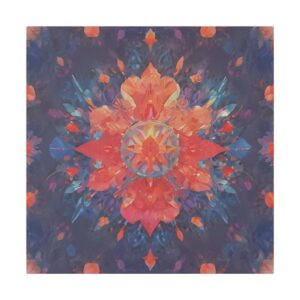 Abstract artwork featuring a vibrant kaleidoscopic pattern with symmetrical floral shapes in shades of red, orange, and blue