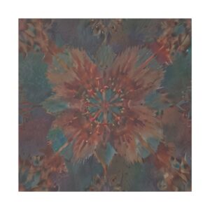 Abstract artwork featuring a kaleidoscopic pattern with symmetrical, multi-colored shapes in muted earthy tones