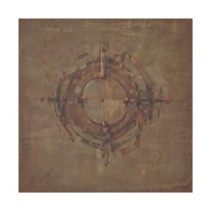 Abstract artwork featuring a symmetrical circular design with muted earthy tones of brown, orange, and green