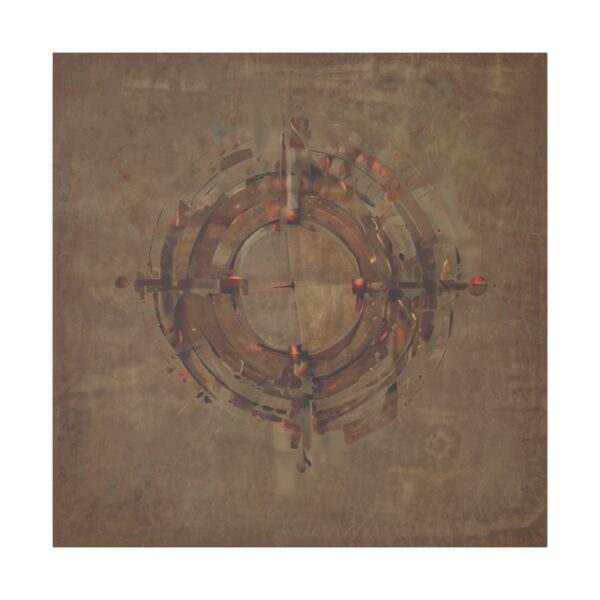 Abstract artwork featuring a symmetrical circular design with muted earthy tones of brown, orange, and green