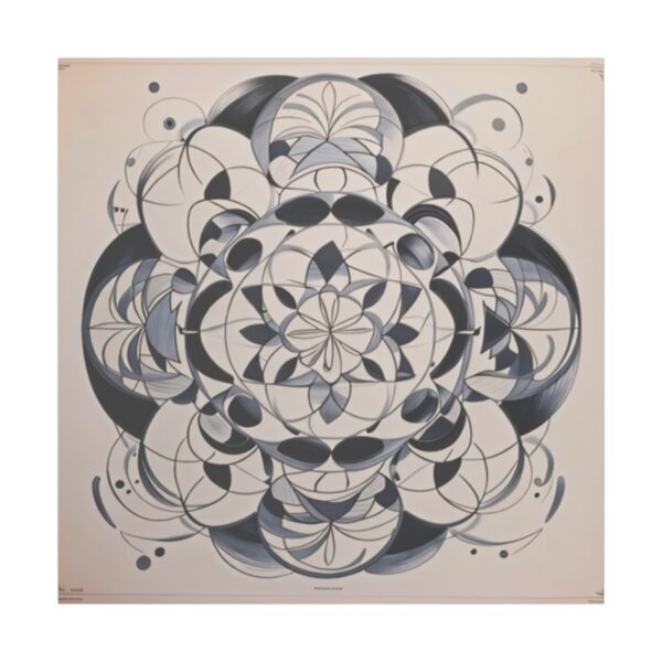 Abstract symmetrical design featuring intricate circular and floral patterns in black, white, and gray tones on a light beige background