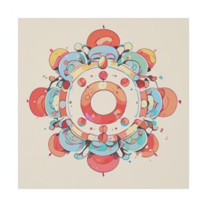 Abstract symmetrical design with circular and floral elements in vibrant shades of red, blue, and orange on a beige background