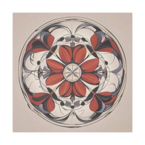 Abstract symmetrical design featuring a floral pattern with red petals and intricate black and gray detailing on a beige background