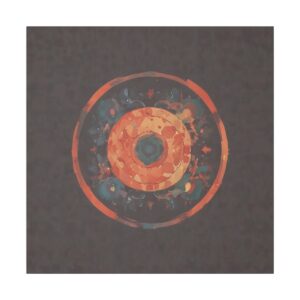 Abstract artwork featuring a symmetrical circular design with warm shades of orange, red, and blue against a dark background