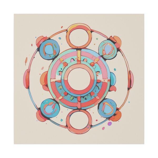 Abstract artwork with a symmetrical design featuring circular shapes and vibrant accents in shades of blue, red, and orange on a light background