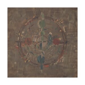 Abstract artwork with a muted symmetrical design featuring circular and linear elements in earthy tones of brown, green, and red