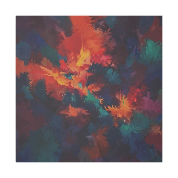 Abstract artwork with a symmetrical design featuring vibrant bursts of color in shades of red, orange, blue, and green