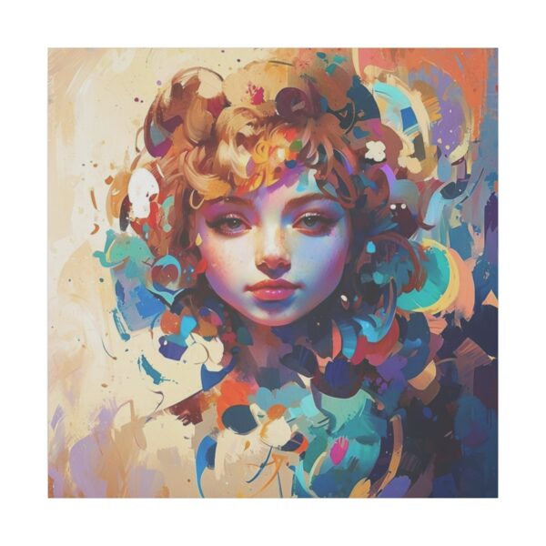 Abstract portrait of a woman surrounded by swirling, vibrant colors in shades of blue, pink, orange, and yellow