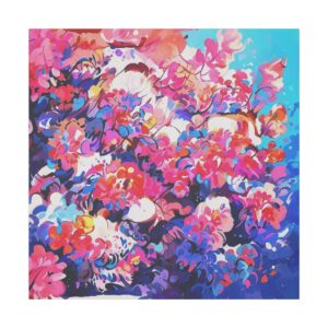 Abstract artwork with a vibrant explosion of floral shapes in bold shades of pink, purple, blue, and red