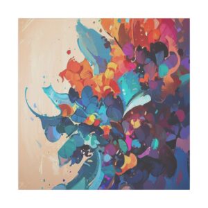 Abstract artwork featuring a vibrant, swirling composition of colorful shapes in shades of blue, orange, purple, and red on a beige background