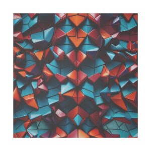 Abstract geometric tessellation with three-dimensional, interlocking shapes in vibrant shades of red, blue, and orange