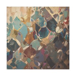 Abstract geometric tessellation with soft, interlocking shapes in muted earthy tones of blue, brown, and beige