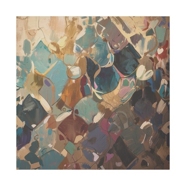 Abstract geometric tessellation with soft, interlocking shapes in muted earthy tones of blue, brown, and beige