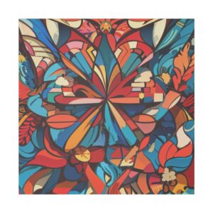 Vibrant abstract geometric tessellation featuring interlocking shapes and floral patterns in bold shades of blue, red, orange, and yellow