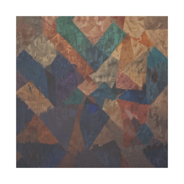 Abstract geometric tessellation with muted interlocking shapes in earthy tones of blue, brown, and green