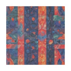 Abstract geometric tessellation with interlocking vertical and horizontal shapes in deep shades of blue, red, and orange