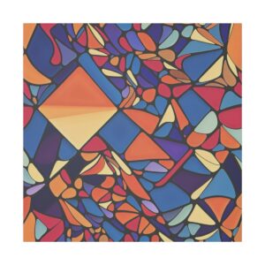 Abstract geometric tessellation with interlocking shapes and bold, vibrant colors in shades of red, blue, orange, and yellow