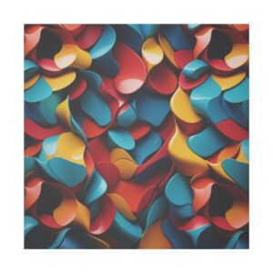 Abstract geometric tessellation with flowing, interlocking shapes in vibrant shades of red, blue, yellow, and orange