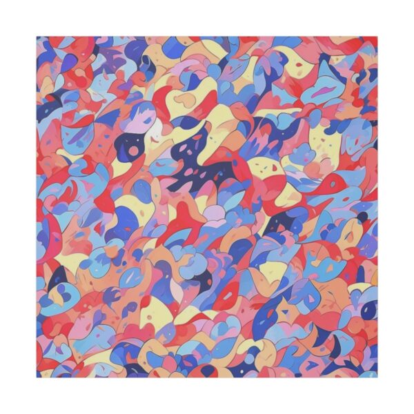 Abstract geometric tessellation with interlocking shapes in vibrant shades of blue, red, yellow, and purple