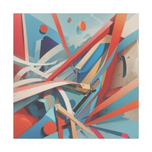 Abstract artwork featuring intersecting lines and geometric shapes in vibrant shades of blue, red, orange, and white