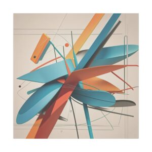 Abstract artwork featuring intersecting lines and geometric shapes in vibrant shades of blue, red, orange, and yellow on a neutral background