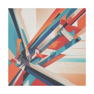 Abstract artwork with intersecting lines and geometric shapes in vibrant shades of blue, red, and orange on a light background