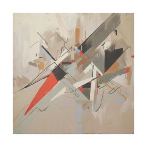 Abstract artwork featuring intersecting lines and geometric shapes in shades of gray, beige, and orange on a neutral background