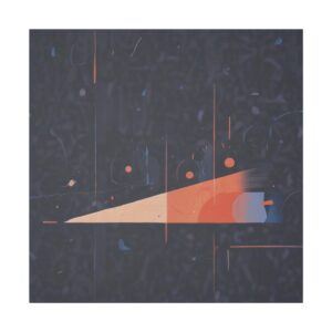 Abstract artwork with intersecting lines and geometric shapes in dark tones with gradient hues of orange, red, and blue