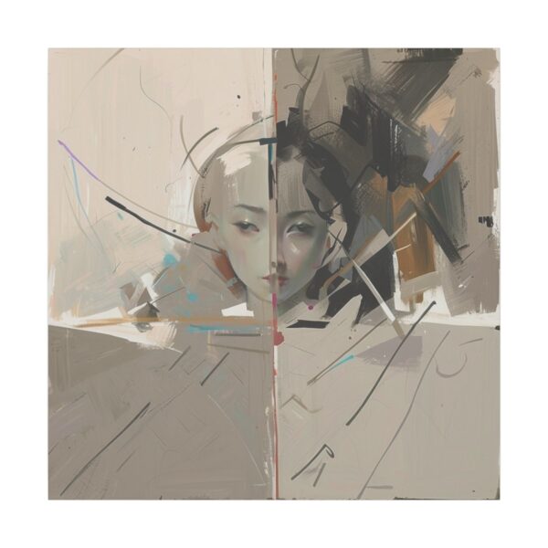 Abstract portrait of a woman's face with intersecting lines and geometric shapes in neutral and muted tones