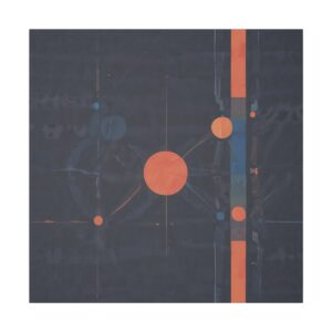 Abstract artwork with intersecting lines and geometric shapes in dark tones, featuring prominent orange circles and lines