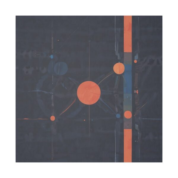 Abstract artwork with intersecting lines and geometric shapes in dark tones, featuring prominent orange circles and lines