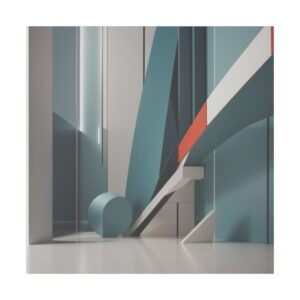 Abstract 3D composition with intersecting geometric shapes in shades of blue, gray, and red, creating a modern and minimalistic design