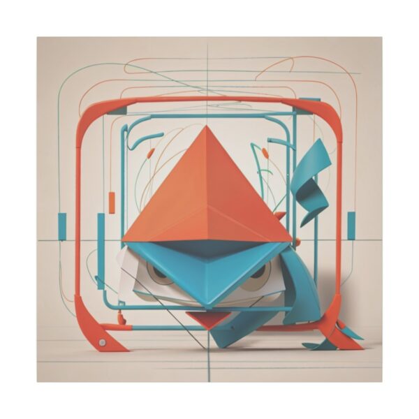 Abstract 3D artwork with intersecting geometric shapes in red, blue, and orange, creating a layered and dynamic composition