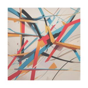 Abstract artwork featuring intersecting lines in vibrant shades of blue, red, orange, and black on a neutral background